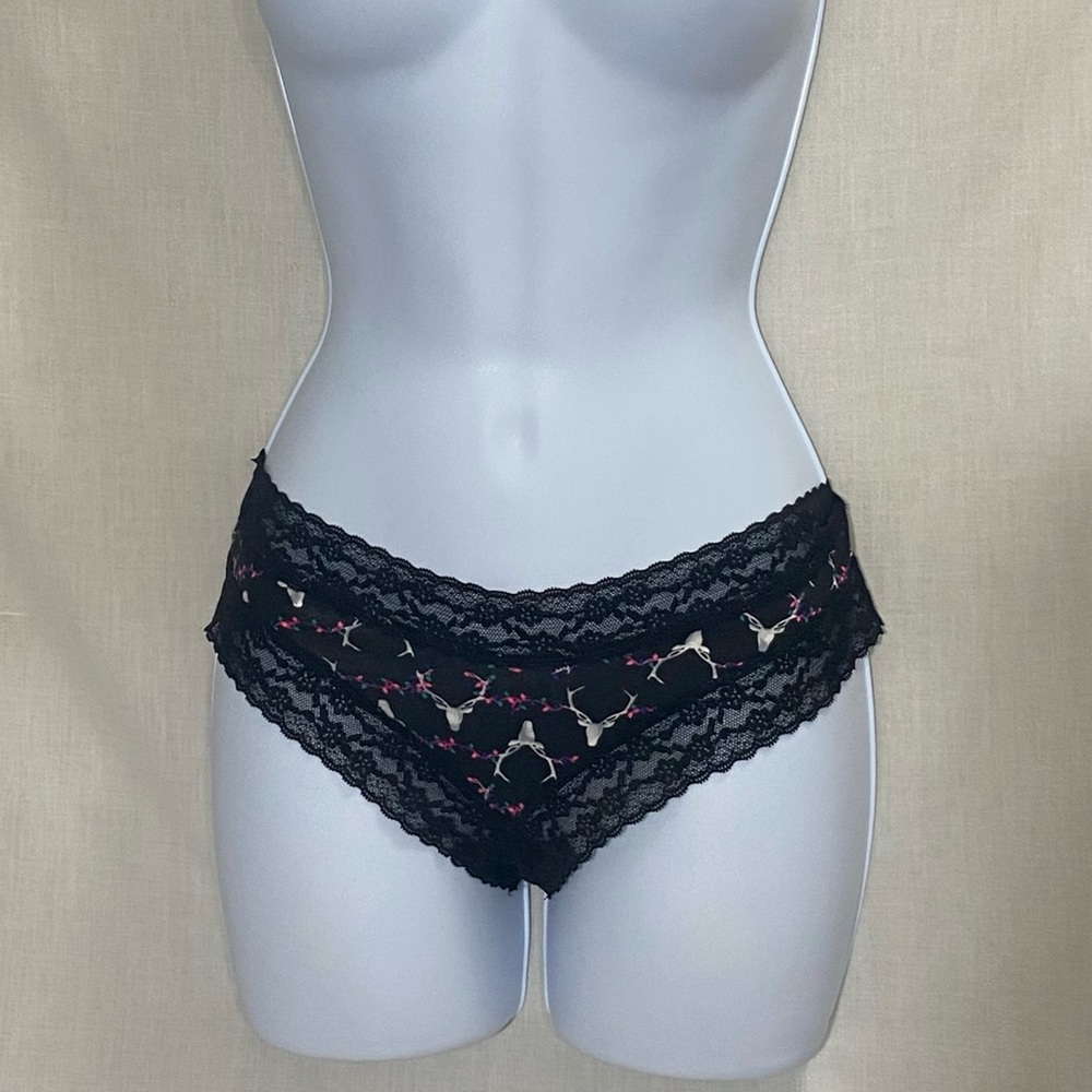 Victoria’s Secret Black With Deer And Lights Embellishments Cheeky Panties